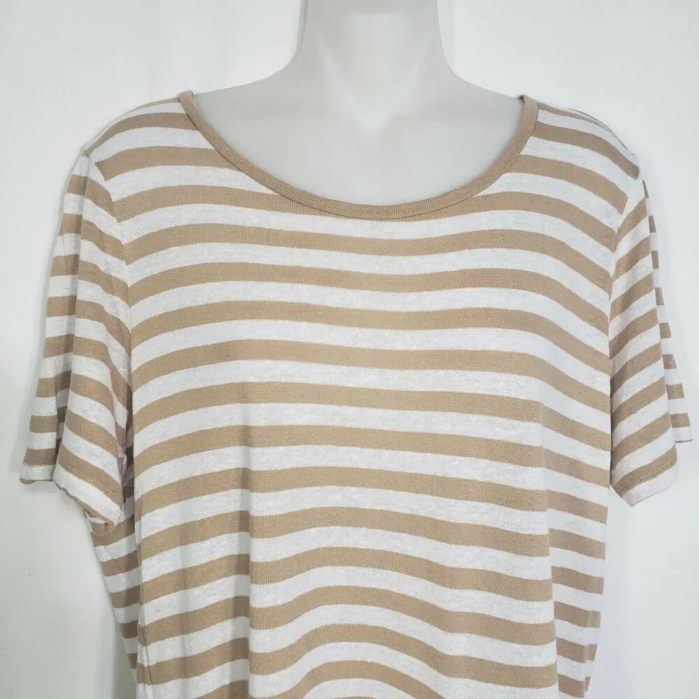 Michael Kors Women's Top Large Striped Linen Blend Beige Front Tie Short Sleeve